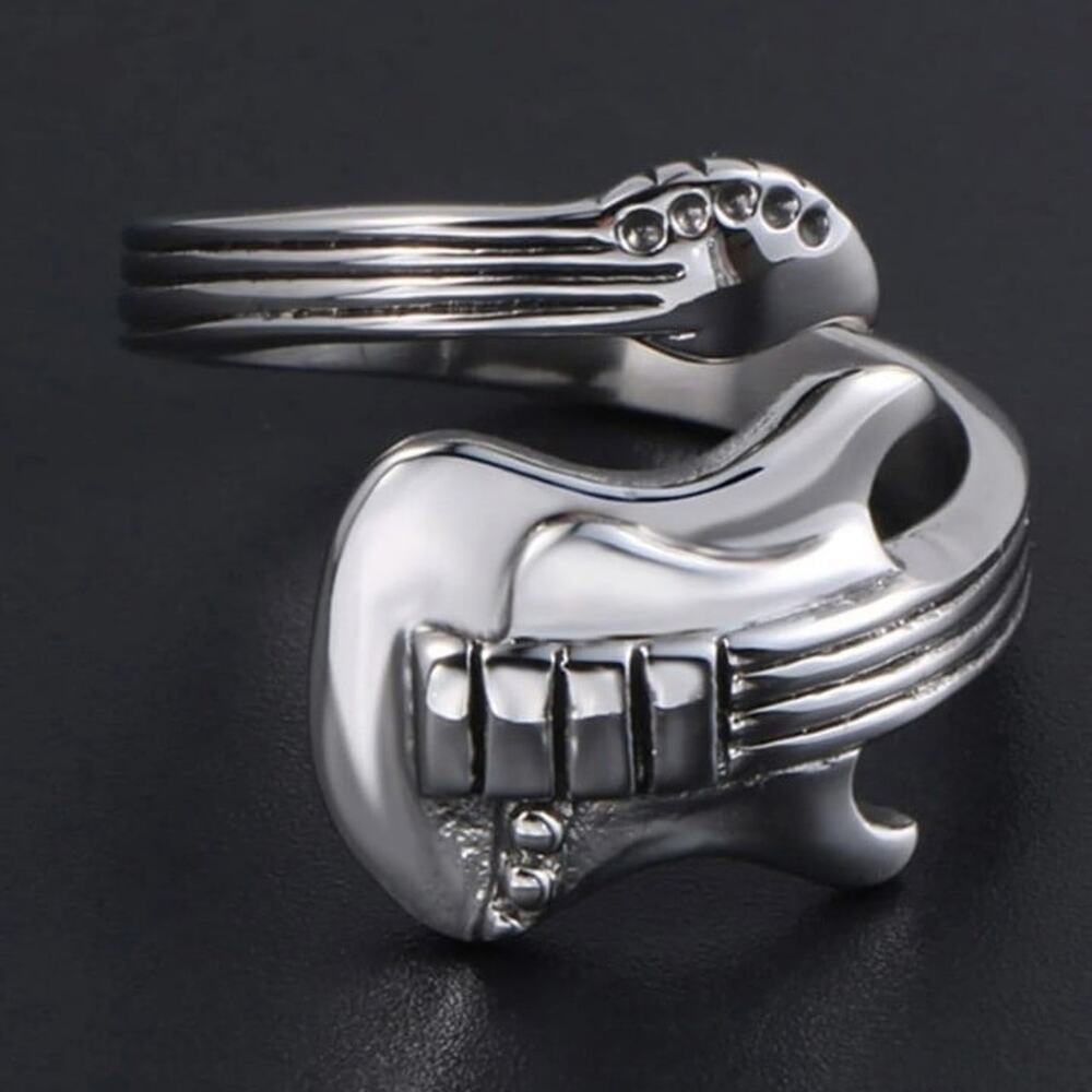 Electric Guitar Ring 925 Silver Plated Adjustable Music Mens Punk Rock Gift NEW